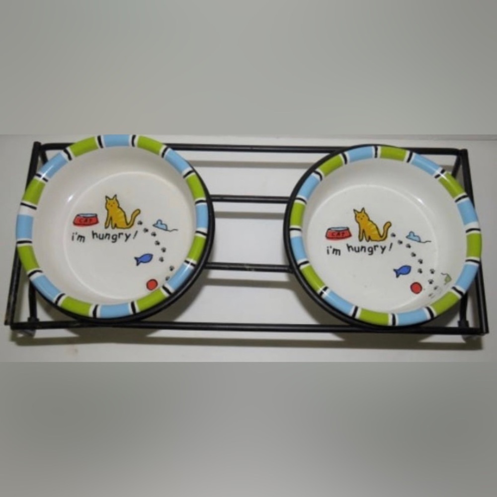 Playful Cat Food Bowls 3 piece Set - by signature housewares’ discontinued line!